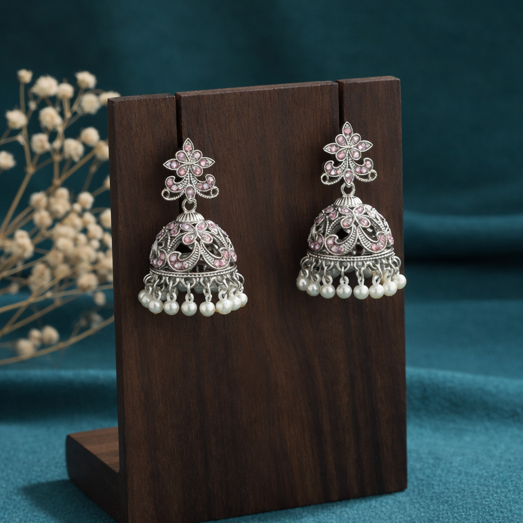 Antique Silver Pastel Floral Pearl Dome Jhumka Earrings